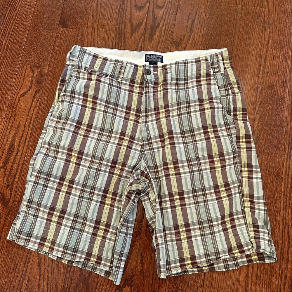 Plaid Flat Front Men’s Shorts - Brown, Beige & Yellow #194